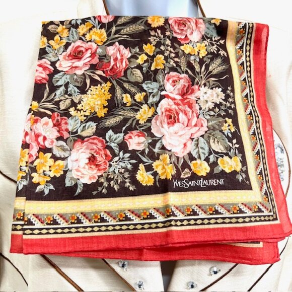 New Yvest Saint Laurent  Mini Scarf handker 19" cotton orang pink green flora(92 - Picture 2 of 7